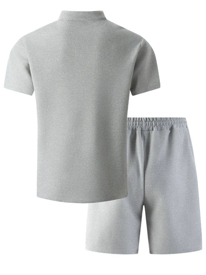 Men's new summer style waffle plain-color crew-neck t-shirt with pocket short-sleeved set with beach shorts men's casual suit