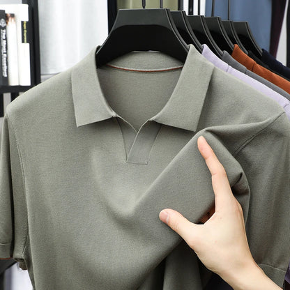 100%  Lyocell Knitwear 2025 Men Spring Summer Trendy Turn Down Collar Knit Tees Short Sleeve Breathable Knit Tops