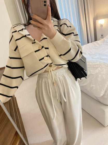 Loose Women's Knitted Cardigan Coat with Big Pockets Striped Splicing Drawstring Hem Single Buttoned Open Front Sweater