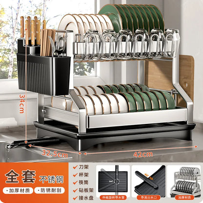 2-Tier Dish Drying Rack - Large Carbon Steel Kitchen Dish Rack with Drainboard & Utensil Holder