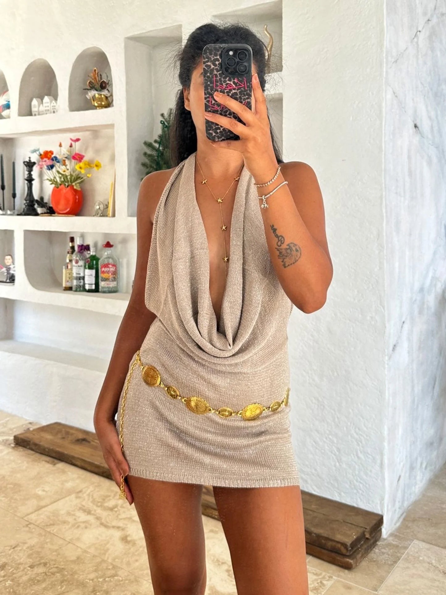Silk Backless Mini Dress - Slim Fit Summer Vacation Dress With Deep V Neck & Spaghetti Straps