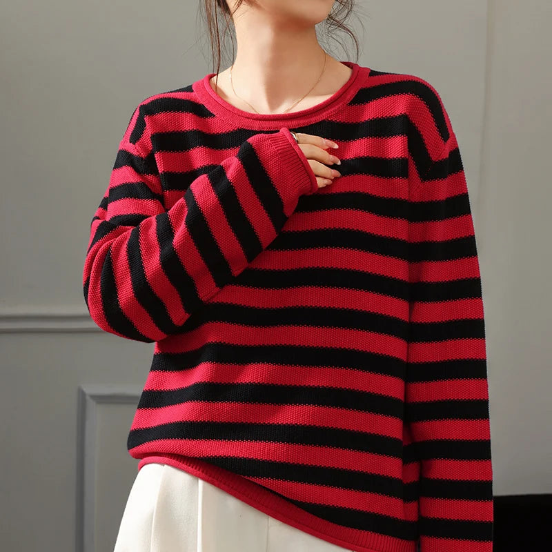 Fashion 100% pure cotton women's sweater autumn and winter casual striped knitted top loose Korean round neck women's pullover