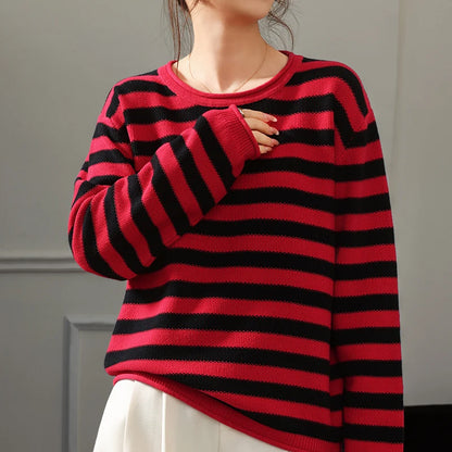 Fashion 100% pure cotton women's sweater autumn and winter casual striped knitted top loose Korean round neck women's pullover