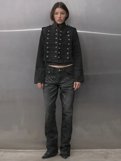Y2K Retro Hussars Jacket Stand Collar Double Breasted Button Cropped Jacket Napoleon Old Money BLK Denim Jacket Women Boxy Coat