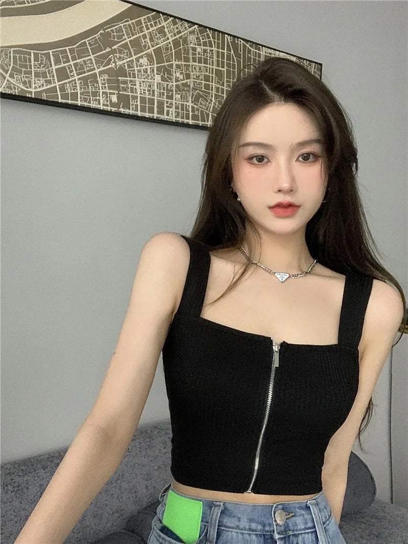 2025 Y2K Top Women Zipper Fly Camisoles Knitted Sexy Summer Tank Tops Sleeveless Female Solid Crop Top