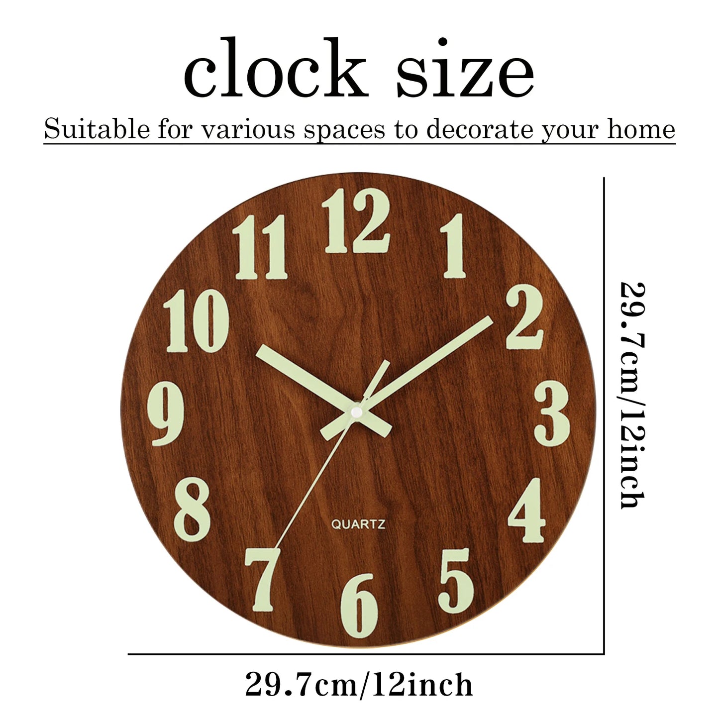 Luminous 12 Inch Silent Wall Clock - Nordic Wood Design with Night Light