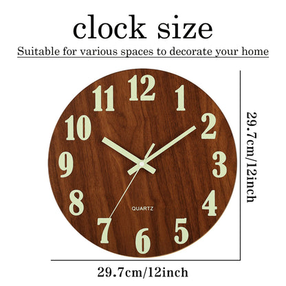 Luminous 12 Inch Silent Wall Clock - Nordic Wood Design with Night Light