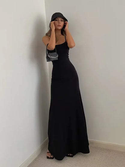 Summer Backless Dress - Slim Waisted Spaghetti Strap Mid-Calf Length Casual Outfit