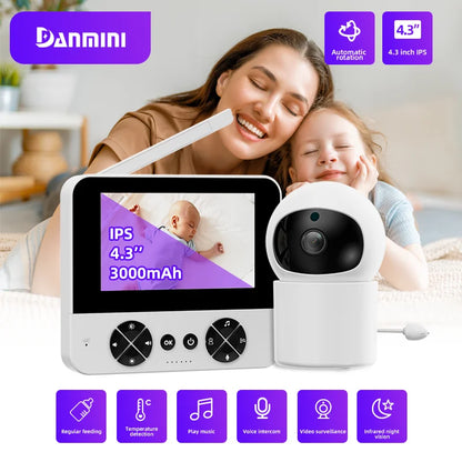Danmini Intelligent Baby Monitor 4.3-inch IPS Color Screen Display PZT Control Night Vision Indoor Security Surveillance Camera