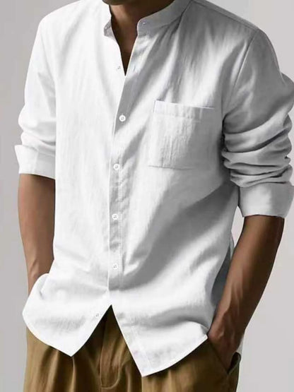 Minimalist Men's White Linen Button-Down Shirt, Stand Collar, Modern Office & Weekend Essential