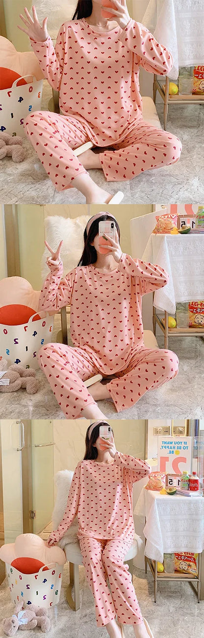 Pajamas Women Long Sleeve Pants Two-Piece Set Cute Sweet and Simple Student Homewear Crew Neck Pullover Long Pajamas Large Size