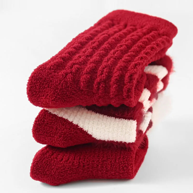 2025 New Year Baby Winter Thicken Socks Kids Cute Stripe Color Matching Warm Floor Socks Children Girls Fleece Padded Socks