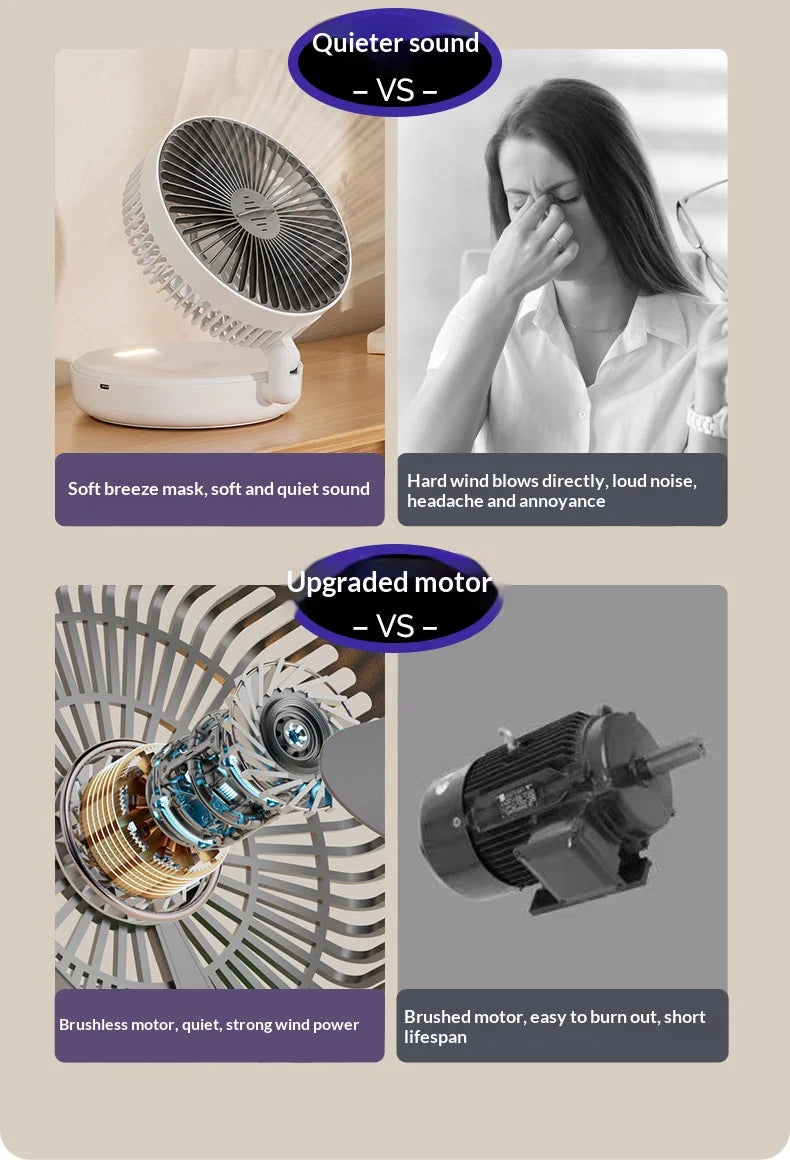 5000mAh Foldable Glow-in-the-Dark Fan Wall Mount Portable Quiet High-Speed Air Circulation Fan for Students Office Desk Fan