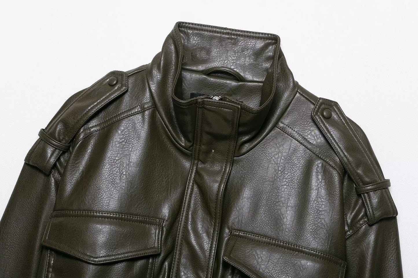 Faux Leather Jackets - Women's Casual Zipper Outerwear Coats With Turtleneck Collar