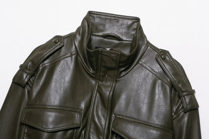 Faux Leather Jackets - Women's Casual Zipper Outerwear Coats With Turtleneck Collar