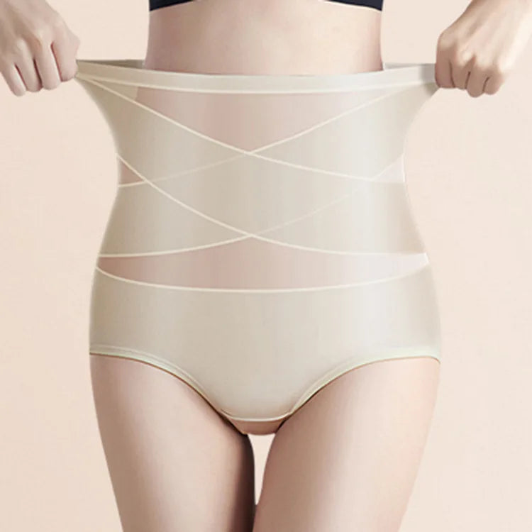 Women Ice Silk High Waist Shapewear Panties Cross Bandage Tummy Control Underwear