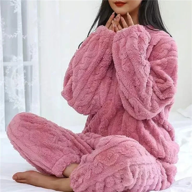 Cozy Coral Velvet Pajama Set - Warm Womens Loungewear for Winter  Christmas - ZOOMNSTORE