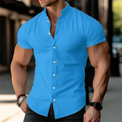 Men's stand up collar printed shirt solid color short sleeved button linen shirt Hawaii vacation beach breathable shirt