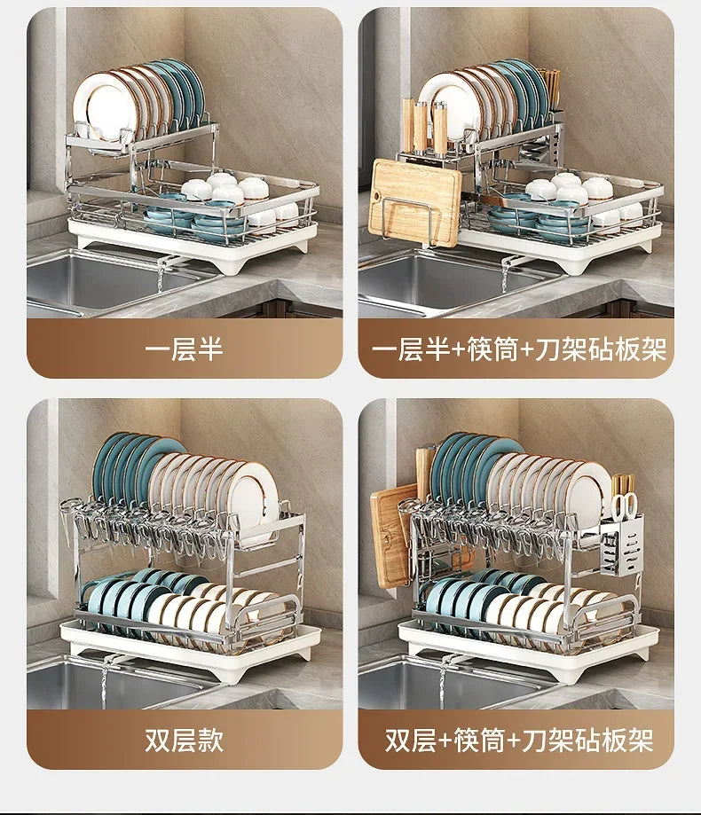 Stainless Steel 2 Tier Dish Rack Adjustable Countertop Organizer Bowl Drainer Multifunctional Kitchen Utensil Storage Holder Hom