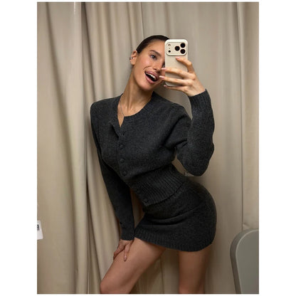 Solid Color Zipper Waist Cinching Casual Set Knitted Top Drawstring Straight Leg Pants 2-piece Sets 2026 Autumn Lady Daily Wear