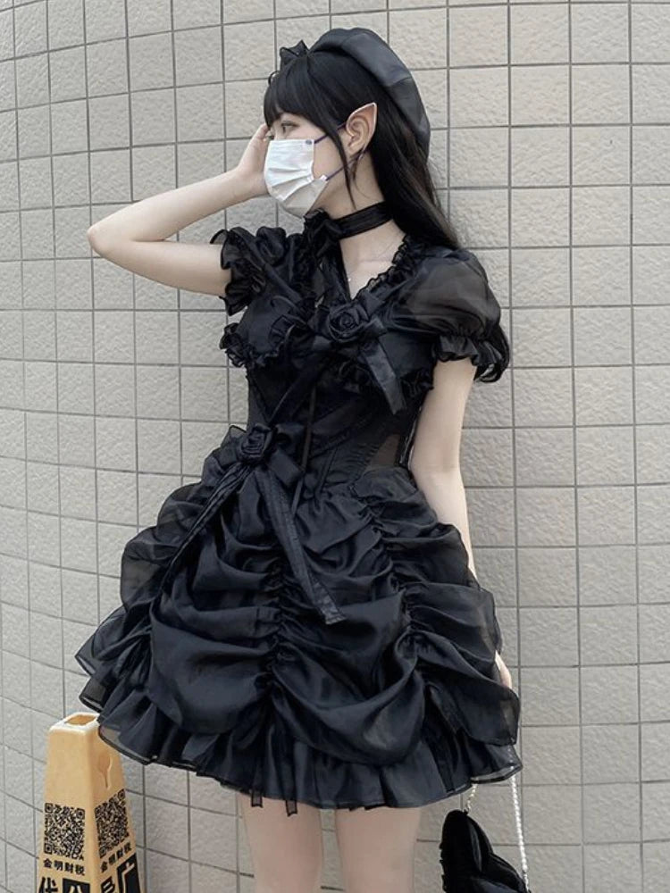 Lolita Women Summer Crop Blouse  Y2k  Sweet Bandage JK Blusas Capes Cosplay Harajuku Ruffled Puff Sleeve Shirt Kawaii Mujer