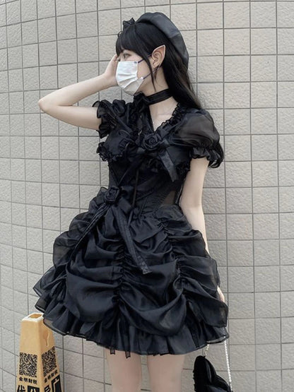 Lolita Women Summer Crop Blouse  Y2k  Sweet Bandage JK Blusas Capes Cosplay Harajuku Ruffled Puff Sleeve Shirt Kawaii Mujer