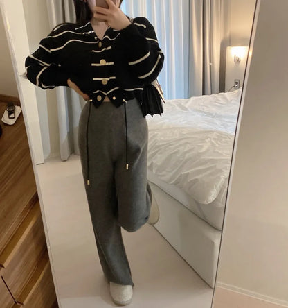 Loose Women's Knitted Cardigan Coat with Big Pockets Striped Splicing Drawstring Hem Single Buttoned Open Front Sweater