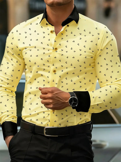 New Men's Fashion Anchor Print Contrast Color Lapel Long Sleeve Shirt Business Casual Slim Fit Non-iron Versatile Shirt XS-6XL