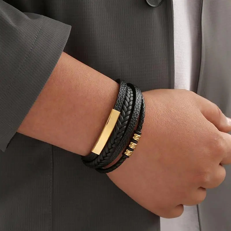 Punk Men Leather Bracelet with Stainless Steel Magnetic Clasp Braided Mutilayer Leather Wrapping Bangles Man Jewelry Gift