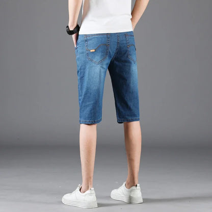 New Summer Men's Denim Shorts Fashion Solid Color Casual Loose Multi-pocket Straight Five-minute Pants Elastic Knee Denim jorts