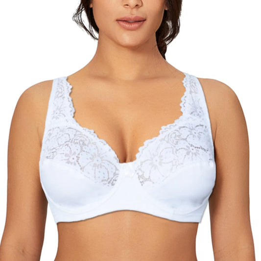 Plus Size Lace Bra - Women's Underwire Floral Lace Brassiere with Adjustable Straps