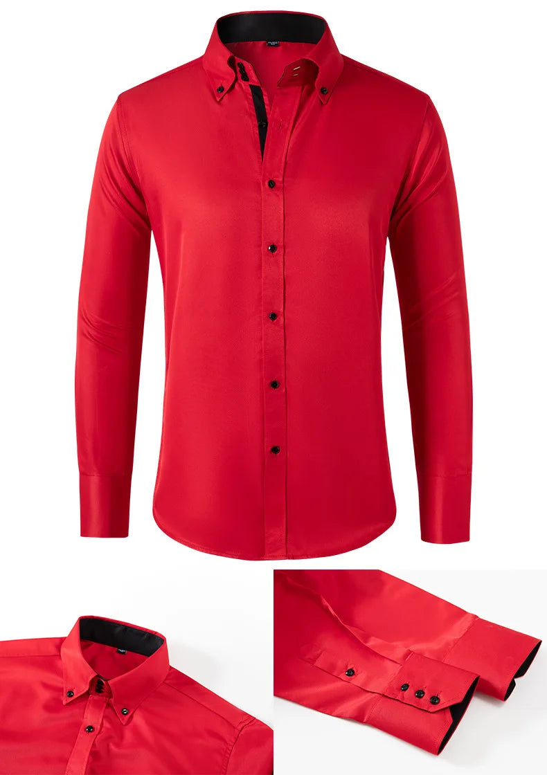 Solid color shirt men's crystal button long sleeved pointed collar light luxury men's business casual men's wear