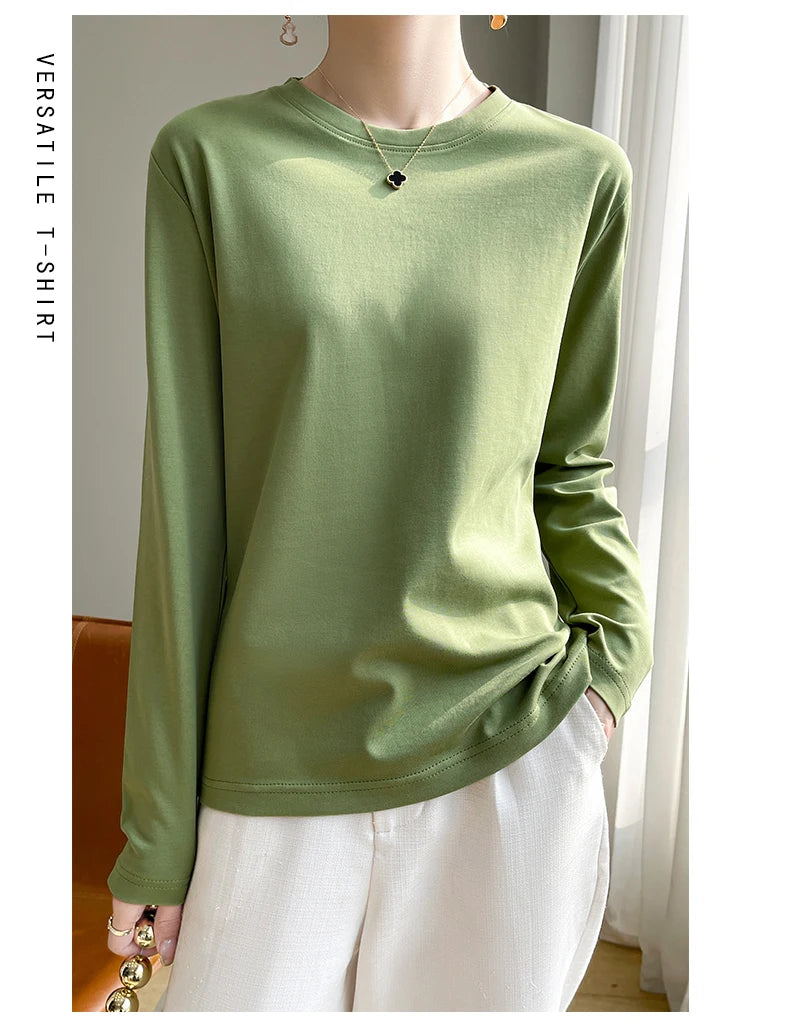 100 Cotton Womens Long-Sleeved Round Neck T-Shirt - Loose Bottoming Top for Spring  Autumn