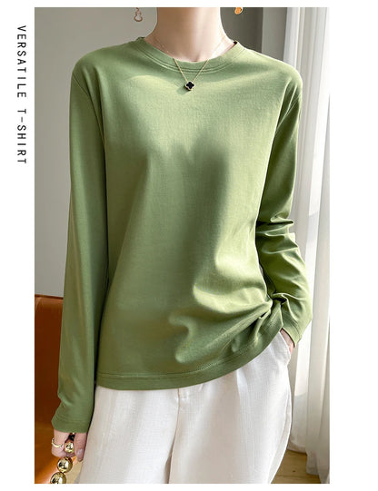 100 Cotton Womens Long-Sleeved Round Neck T-Shirt - Loose Bottoming Top for Spring  Autumn