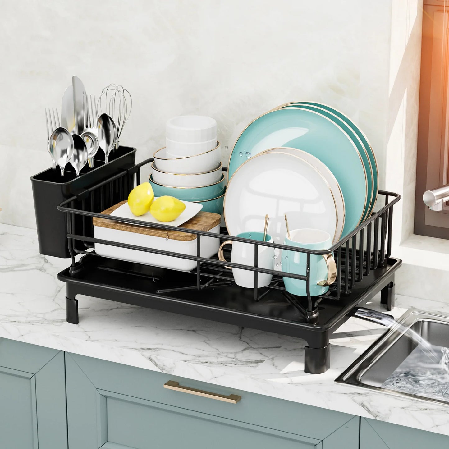 Kitchen Organizer Rack - Multi Functional Dish Drying Rack & Utensil Drainer | Stackable Metal Storage