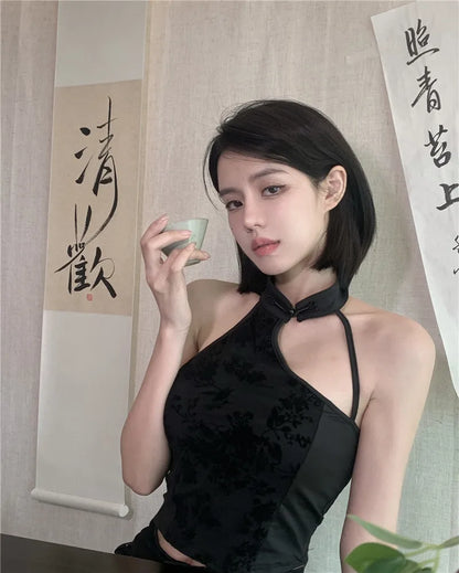 New Chinese Style Irregular Camis Women Autumn Elegant Temper Ink Print Sexy Halter Backless Fashion Party Romantic Crop Tops