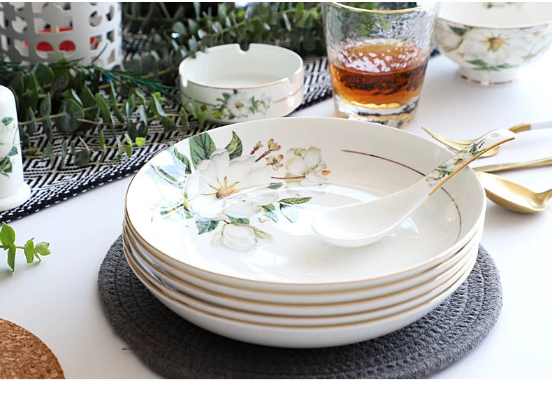 Bone China Dinnerware Set - Floral Ceramic Plates Bowls  Soup Pots