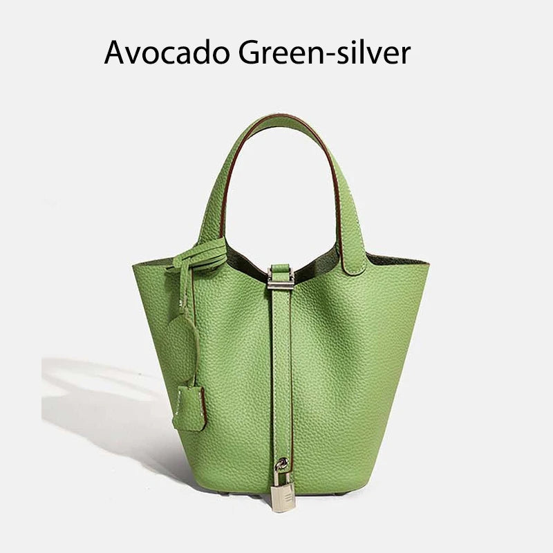 Women Leather Bucket Bag - Genuine Leather Handbag | Large Tote Bag With Silver Hardware