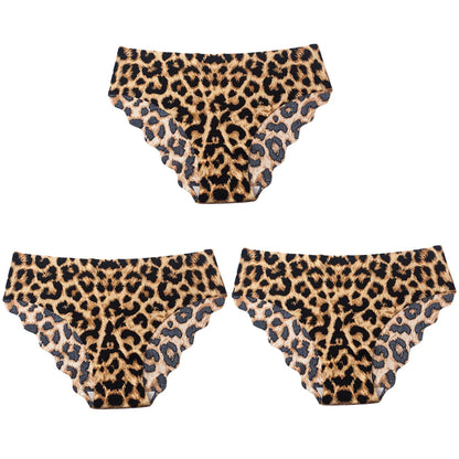 3pcs Women's Seamless Ice Silk Panties Female Mid Waist Plus Size Leopard Print Underwear Girls Fashion Brief Lady Comfort Panty