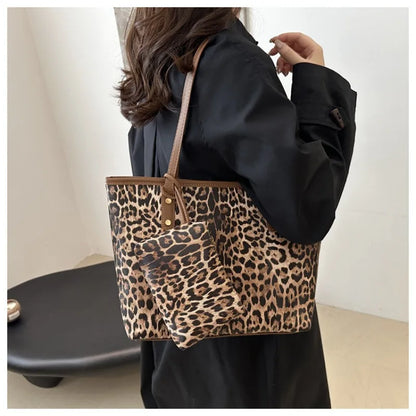 Leopard Print Tote Bag - Women's PU Leather Large Capacity Casual Travel Purse