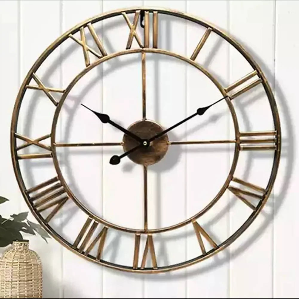Modern 3D Large Wall Clock - Retro Roman Numerals Silent Metal Decoration