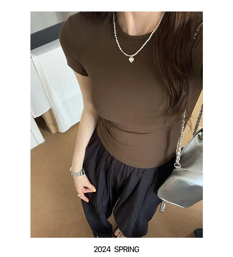Basic Solid Crop Top Short Sleeve Crewneck Skinny T-shirt Summer Casual Tee for Women Y2K Vintage Top Harajuku Streetwear