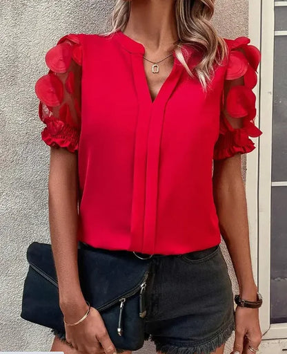 Women's Sexy V-Neck Puff Sleeve Blouse  Semi-Sheer Mesh Panels Short Sleeve Summer Top  Solid Red Machine Washable for Spring