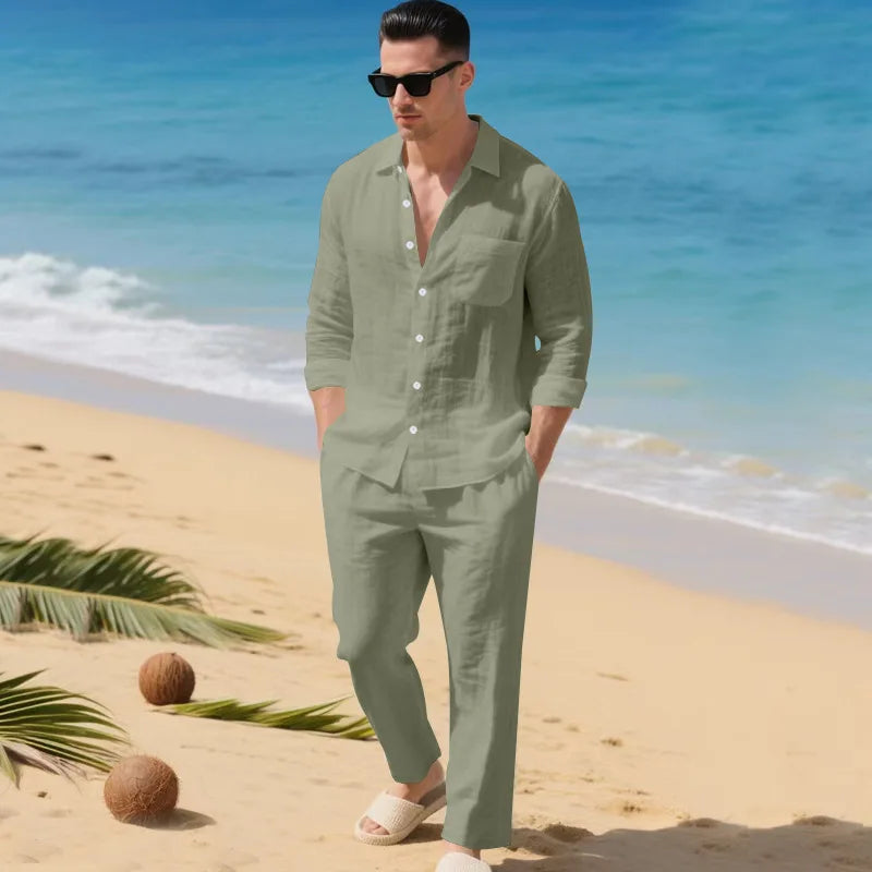 Men's Autumn Loose Trend Linen Solid Color Simple Lapel Long-Sleeved Shirt Beach Trousers Set
