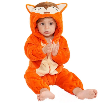 Baby Winter Rompers - Soft Polyester Hooded Jumpsuit With Animal Pattern, Machine Washable