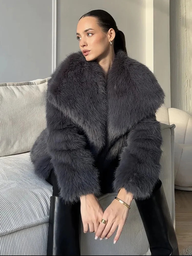 Faux Fur Women's Coat – Luxury Cropped Fluffy Jacket With Lapel Collar