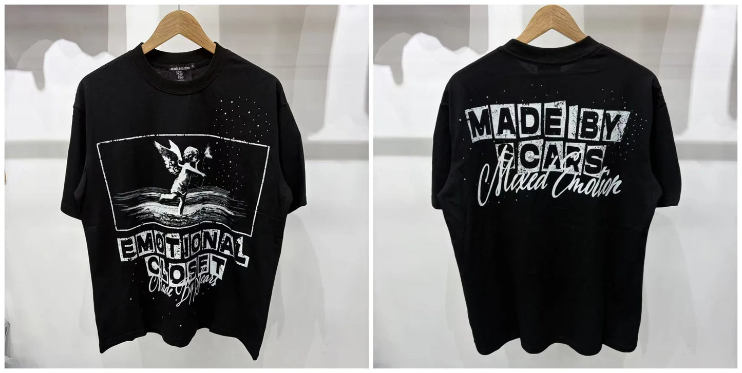 New MIXED-EMOTION Rhinestone cartoon printed pattern 100% cotton Men Women T-shirt Loose casual Shinning Diamond Tees Oversized Top