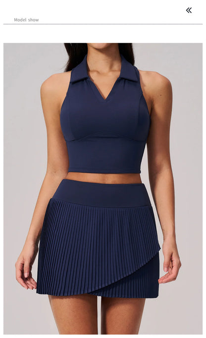 SOISOU Nylon Women Two Pieces Yoga Set Ribbed V-Neck Gym Top Sport Tennis Skirt 2pcs Suit Sportswear Workout Clothes 5 Colors