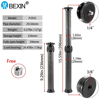 Selfie Stick With 1/4 or 3/8 Screw Tripod Carbon Fiber Central Axis Extension Rod Adjustable Extension Rod for DSLR Cameras