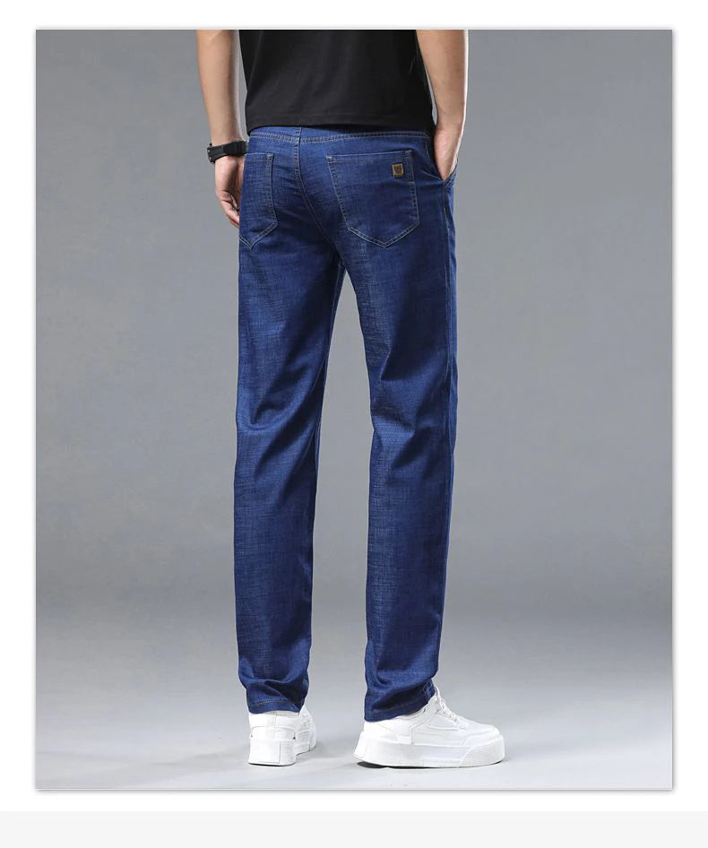 Light blue classic business jeans, fashionable breathable denim elastic pants, black blue men's straight leg jeans, sizes 28-40